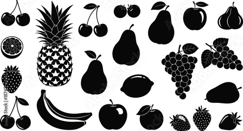 Fruit silhouettes set showing apple banana pineapple grape strawberry pear cherry lemon black vector illustration collection