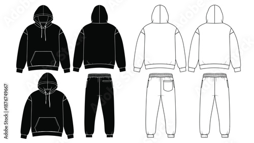 Black and white hoodie and sweatpants design templates for apparel production