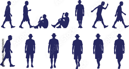 Collection of dark blue human silhouettes in various poses and actions