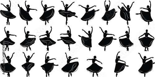 Ballet dancer silhouettes set showing graceful female dance poses classical movement performance black vector illustration collection