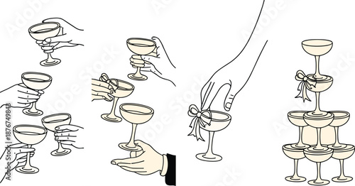 Person stacking champagne glasses with ribbons tied around them in a line hands fingers