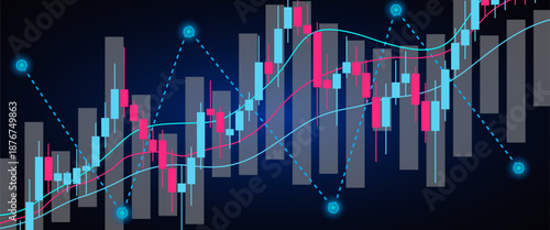 Modern Neon Style Stock Market Trading Chart with Technical Indicators and Data Visualization on Dark Background Vector