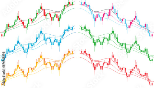 Colorful Financial Candlestick Chart with Moving Average Lines for Stock Market Analysis and Trading Strategy Visualization Vector