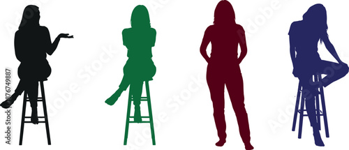 Four women silhouettes on stools in different colors