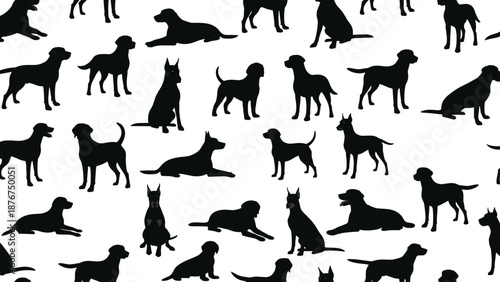 Dog silhouettes set showing various breeds and poses standing sitting lying pet animal black vector illustration collection