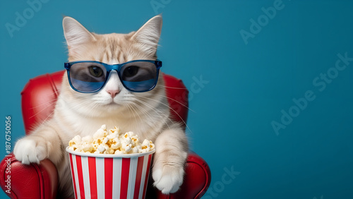 A cute cat wearing blue 3D glasses sits in a red armchair holding a bucket of popcorn, ready for a movie night