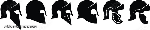 Ancient helmet icon set, black silhouette illustrations, Greek Roman warrior headgear, historical theme, vector graphics, armor design