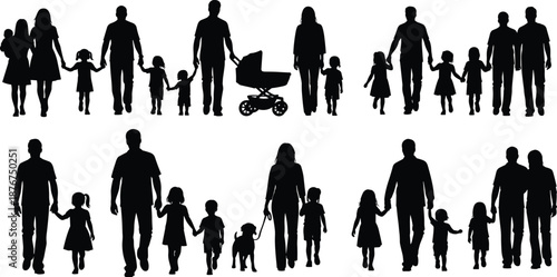 Family silhouettes set showing parents children walking together baby stroller and dog happy family life black vector illustration