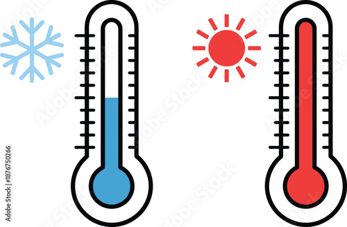 Colorful comparison of hot and cold temperatures using red and blue thermometers with sun and snowflake icons, ideal for weather, climate, and seasonal design concepts.