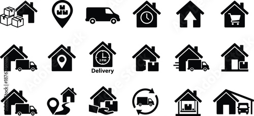 Home delivery icon set, black vector graphics, logistics and service symbols, e-commerce theme, supply chain illustration