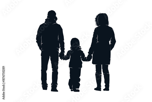 Silhouette of Parents family and children holding hands together walking in snow winter, black and white vector illustration