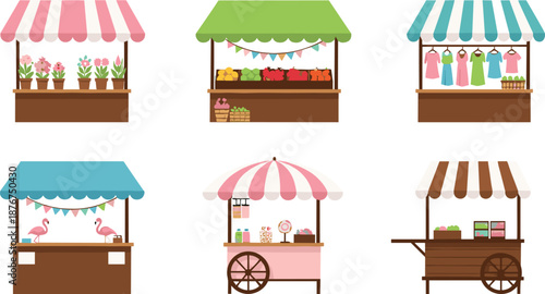Assortment of colorful market stalls and street food kiosks featuring flowers fruits clothing and treats for retail concepts.
