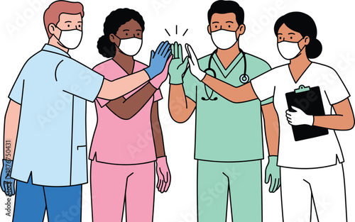 Medical teamwork icon set, healthcare professional silhouettes, unity and support gestures, hospital staff theme, vector graphics, clinical design