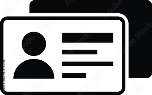 Black and White ID Card Icon with Profile Silhouette, Text Lines, and Overlapping Card Indicating Identity Verification or Documentation