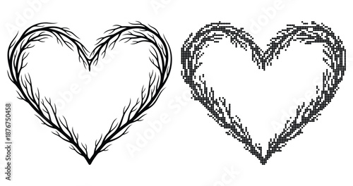 Heart shape outline composed of delicate bare tree branches and distressed grunge pixelated halftone dotted border frame set