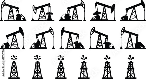 Oil pumpjack and derrick icon set, black silhouette illustrations, energy extraction theme, industrial vector graphics, petroleum design