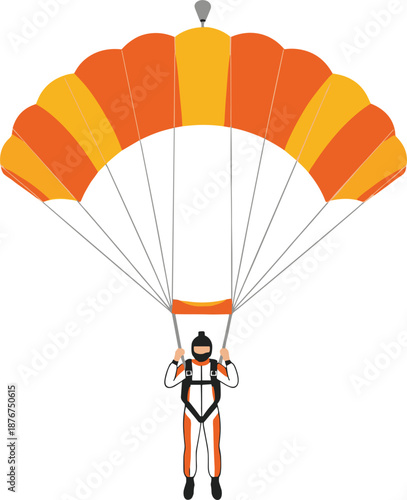 Man in flight suit skydiving with orange and yellow open parachute for extreme sports and adventure concepts.
