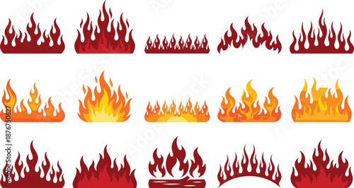 Stylized flame icon set, red orange yellow fire illustrations, heat and energy theme, vector graphics, dynamic motion design