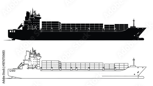 cargo ship in black and white with containers on deck