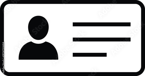 Simplified Black and White ID Card Icon with Profile Silhouette and Text Lines Representing Personal Identification and Credential Information