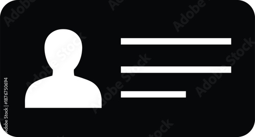 Stylized Black and White ID Card Icon Featuring Profile Silhouette and Text Lines for Digital Identity, Access, or Verification Use
