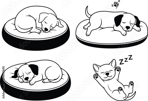 Cute sleeping puppy illustrations set showing adorable dogs resting on beds playful nap poses black white vector collection