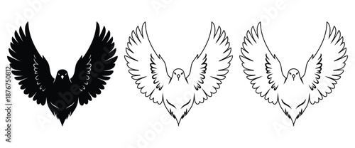 Abstract flying dove bird with wings spread peace symbol logo icon silhouette and detailed linear outline variations