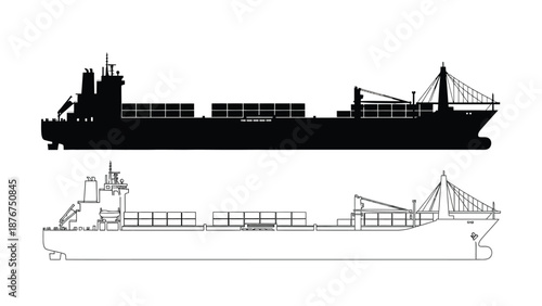 cargo ship silhouette and detailed line drawing side views