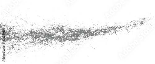 Horizontal abstract grunge texture with a dense cluster of gray scratches and speckles forming a dynamic, flowing line across a white background