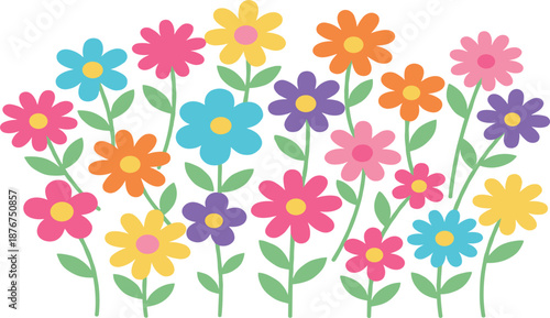 Colorful Garden of Blooming Flowers with Bright Petals, Green Stems, and Vibrant Spring Floral Arrangement Illustration