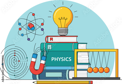 Physics education concept with stack of science textbooks light bulb atom magnet and Newton's cradle for academic study.