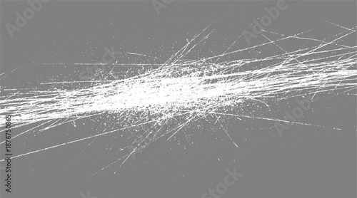 Striking abstract grunge texture with a dense, bright white cluster of scratches and speckles against a solid gray background, evoking a sense of energy