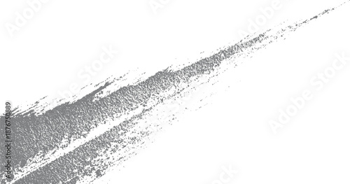 Dynamic abstract grey brush stroke texture with rough edges and speckled detail against a clean white background suggesting movement and energy