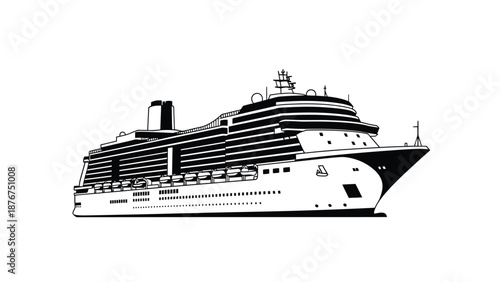 A detailed black and white illustration of a large passenger cruise ship