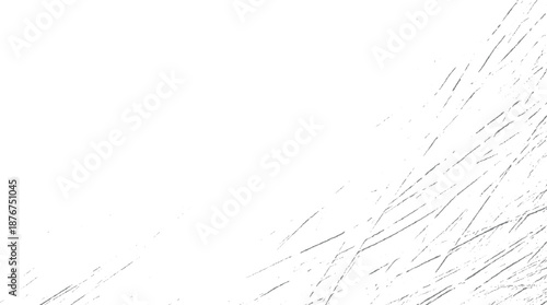 Abstract distressed texture with diagonal gray scratches and fine speckles concentrated in the lower right corner on a clean white background