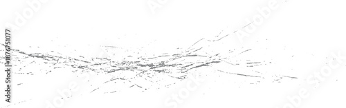 White background with a flowing, irregular grey pattern of lines and speckles evoking a sense of organic fragmentation or decay