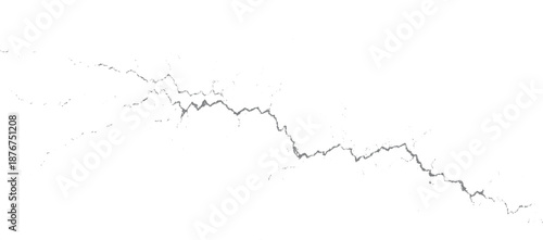 A stark white background is dramatically interrupted by a dark gray, jagged line resembling a crack or fracture, with smaller, scattered dots and lines extending outwards, creating a sense of