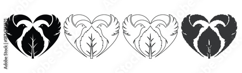 Two abstract love birds nesting around single large leaf forming heart shape logo template set in various styles including halftone