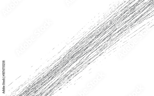 A white canvas is filled with numerous diagonal, parallel lines of dark gray, creating a dense, textured pattern that suggests movement, speed, or a rough surface with a strong linear emphasis