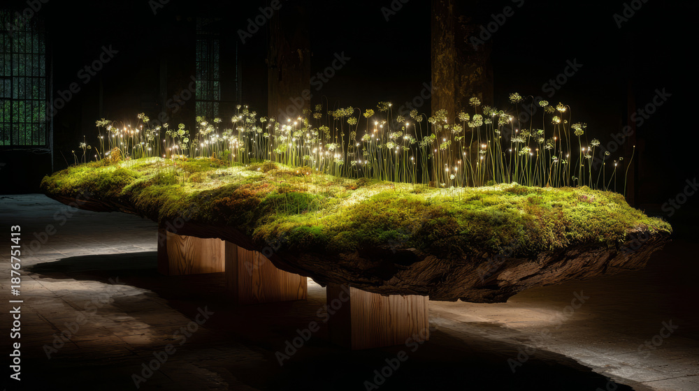 Obraz premium Ethereal flowers sprout from a moss-covered platform, softly lit in a gallery setting; nature and design converge to symbolize renewal, serenity, and sustainable aesthetics for modern interiors