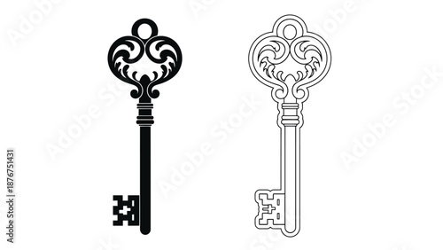 Elegant antique keys in black and white showcasing intricate ornamental designs