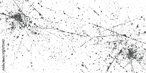 Intense grunge texture with dense dark splatters and sharp linear scratches on a stark white canvas conveying a sense of chaos and destruction
