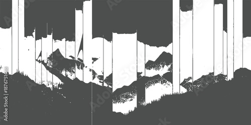 Stylized mountain range with vertical white gaps creating a fragmented panoramic view of jagged peaks and dense forest silhouettes