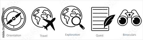 Travel and exploration icon set illustrating adventure, tourism, and journey concepts in vector style.