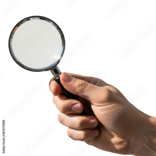Hand holding magnifying glass isolated on transparent background
