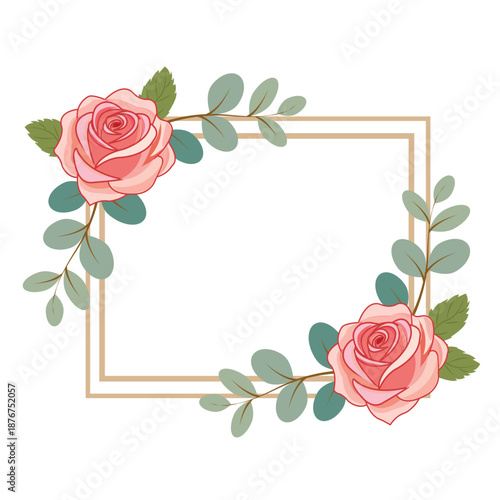 Floral frame of spring flowers and leaves. Square, composed of roses and greenery. Clean vector illustration isolated on a white background.