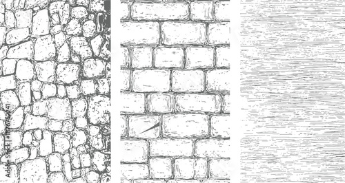 Detailed hand drawn stone wall texture and wood grain pattern in monochrome style backgrounds and brick