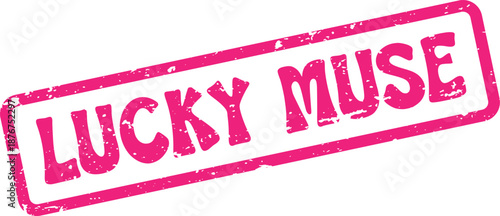 Vibrant pink rubber stamp with distressed texture showing LUCKY MUSE text