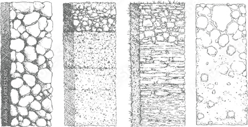 Collection of hand drawn layered textures showcasing stone brick and soil strata in a monochrome style for and backgrounds