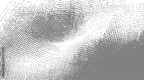 Abstract composition of scattered grey dots forming a dynamic, swirling pattern against a white and grey background, modern